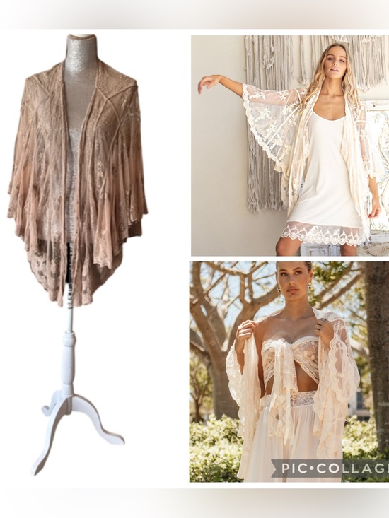 Purity Lace Designs Jackets & Blazers - Purity Lace Designs Adelle Kimono Latte Sheer Lace Boho Bell Sleeve Size OS